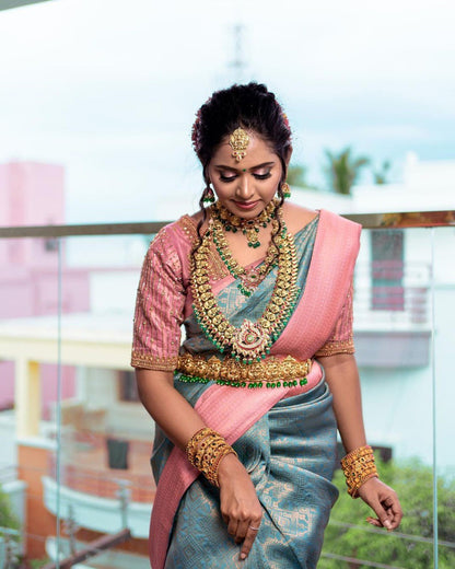 Elegant Teal and Pink Kanjivaram Silk Saree with Rich Zari Border
