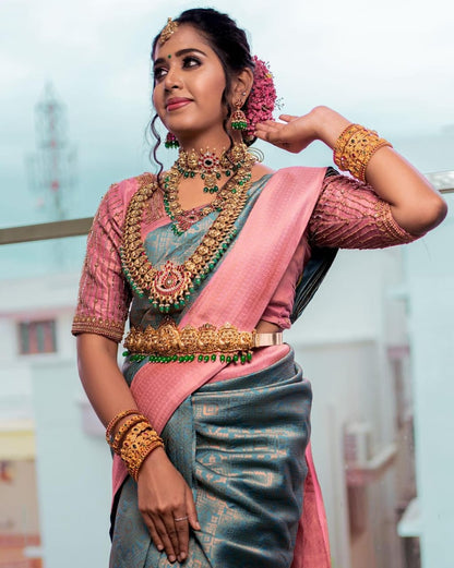 Elegant Teal and Pink Kanjivaram Silk Saree with Rich Zari Border