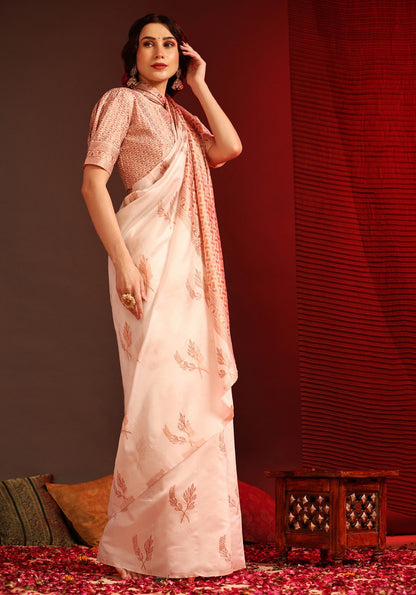 Elegant White Organza Saree with Peach Zari Border & Leaf Motif Design – Lightweight Party Wear Saree