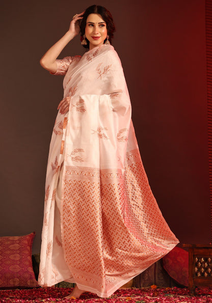 Elegant White Organza Saree with Peach Zari Border & Leaf Motif Design – Lightweight Party Wear Saree