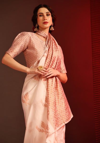 Elegant White Organza Saree with Peach Zari Border & Leaf Motif Design – Lightweight Party Wear Saree