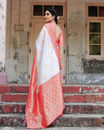 Radiant White & Peach Banarasi Silk Saree with Golden Zari Butta and Contrast Border