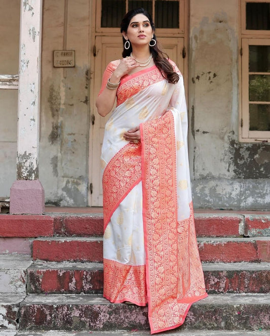 Radiant White & Peach Banarasi Silk Saree with Golden Zari Butta and Contrast Border