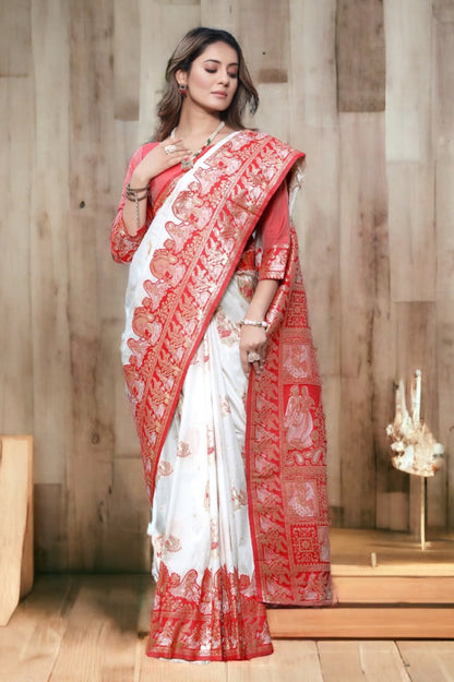 Royal White & Red Banarasi Silk Saree with Golden Zari Weaving and Traditional Pallu