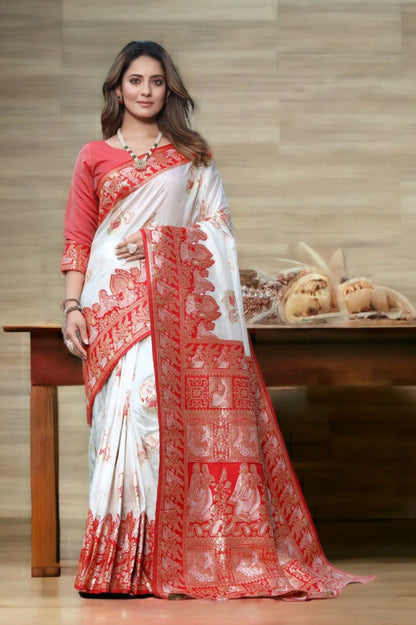 Royal White & Red Banarasi Silk Saree with Golden Zari Weaving and Traditional Pallu
