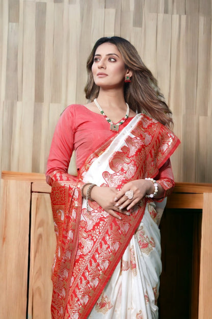 Royal White & Red Banarasi Silk Saree with Golden Zari Weaving and Traditional Pallu