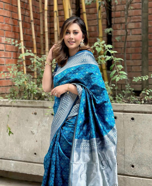 Elegant Blue Banarasi Silk Saree with Silver Zari Weaving & Traditional Border