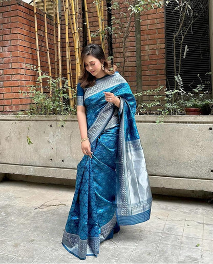 Elegant Blue Banarasi Silk Saree with Silver Zari Weaving & Traditional Border