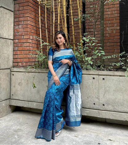 Elegant Blue Banarasi Silk Saree with Silver Zari Weaving & Traditional Border
