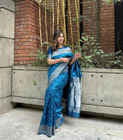 Elegant Blue Banarasi Silk Saree with Silver Zari Weaving & Traditional Border
