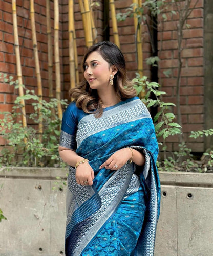 Elegant Blue Banarasi Silk Saree with Silver Zari Weaving & Traditional Border