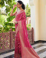 Radiant Pink Banarasi Silk Saree with Golden Zari Stripes & Rich Pallu