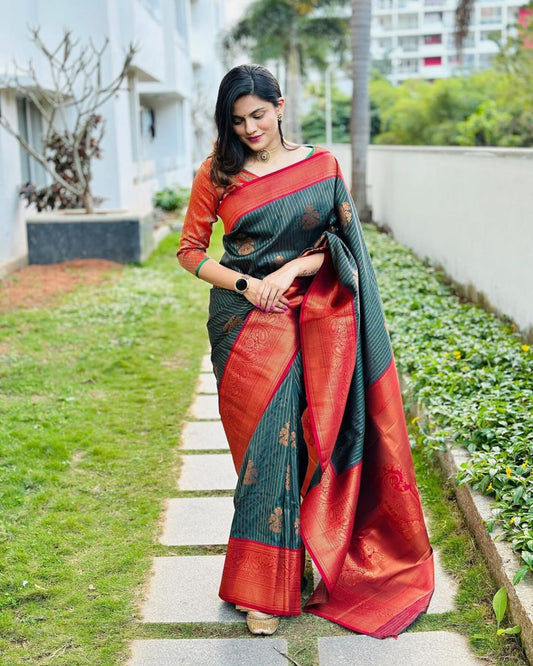 Elegance Weaves Bottle Green & Maroon Kanchipuram Silk Saree with Rich Zari Border & Traditional Motifs
