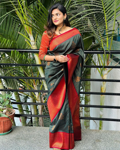 Elegance Weaves Bottle Green & Maroon Kanchipuram Silk Saree with Rich Zari Border & Traditional Motifs
