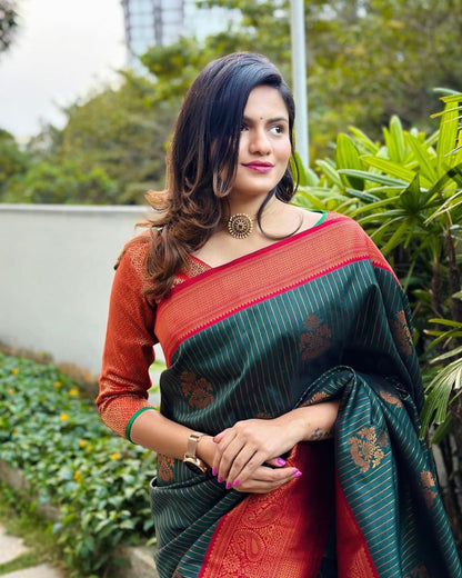 Elegance Weaves Bottle Green & Maroon Kanchipuram Silk Saree with Rich Zari Border & Traditional Motifs