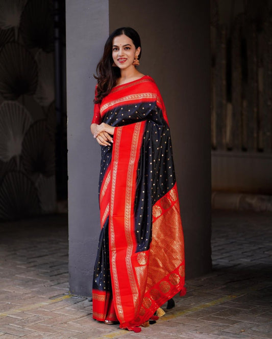 Majestic Black & Red Banarasi Silk Saree with Zari Weaving Elegance