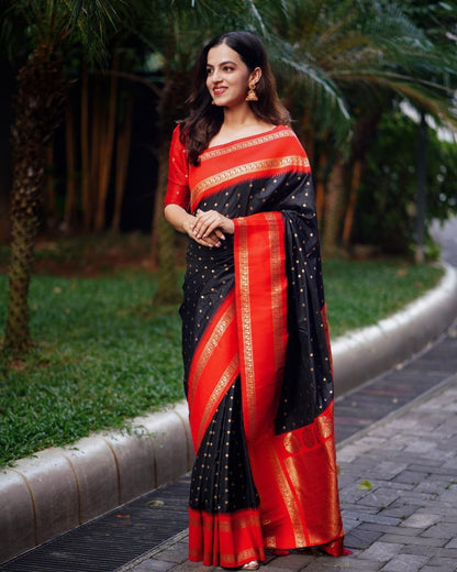 Majestic Black & Red Banarasi Silk Saree with Zari Weaving Elegance