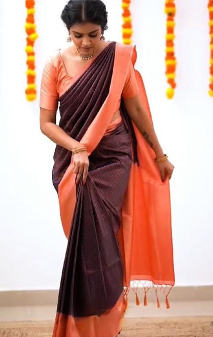 Peach & Maroon Minimalist Silk Saree with Subtle Woven Detailing