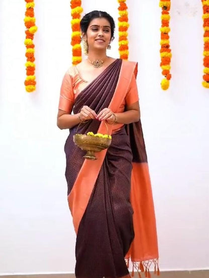 Peach & Maroon Minimalist Silk Saree with Subtle Woven Detailing