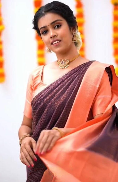 Peach & Maroon Minimalist Silk Saree with Subtle Woven Detailing