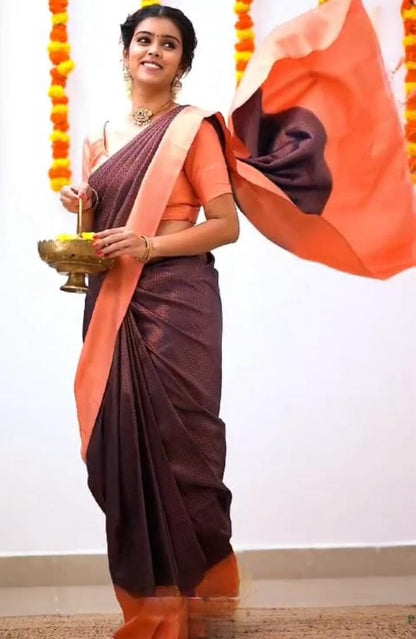 Peach & Maroon Minimalist Silk Saree with Subtle Woven Detailing