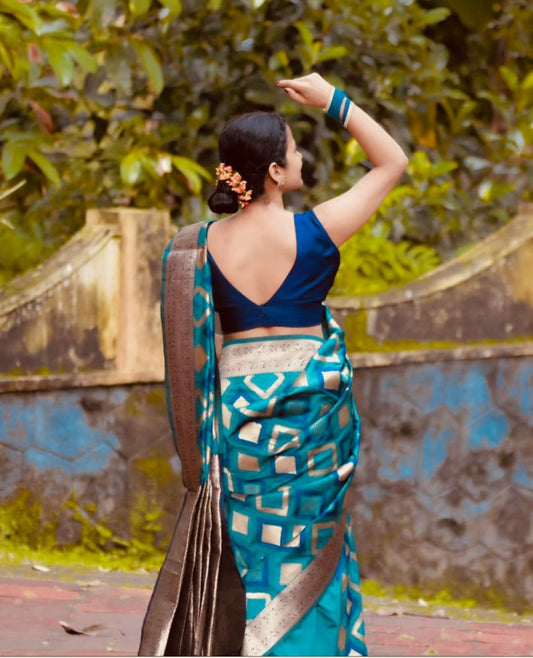 Ocean Blue Satin Silk Saree with Modern Geometric Silver Weaving