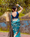 Ocean Blue Satin Silk Saree with Modern Geometric Silver Weaving