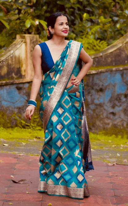 Ocean Blue Satin Silk Saree with Modern Geometric Silver Weaving