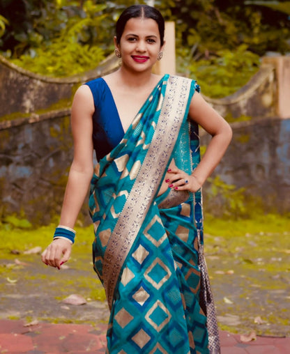 Ocean Blue Satin Silk Saree with Modern Geometric Silver Weaving