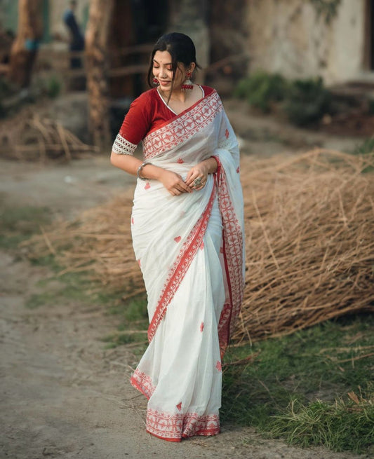White & Red Bengali Cotton Saree with Handwoven Temple Border and Traditional Motifs