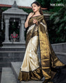 Ivory & Black Kanjivaram Silk Saree with Antique Gold Zari Border