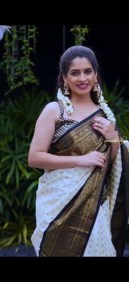 Ivory & Black Kanjivaram Silk Saree with Antique Gold Zari Border