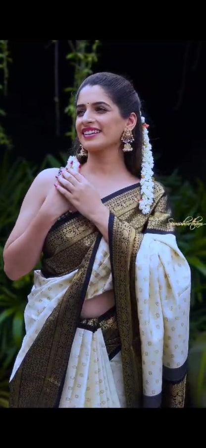 Ivory & Black Kanjivaram Silk Saree with Antique Gold Zari Border