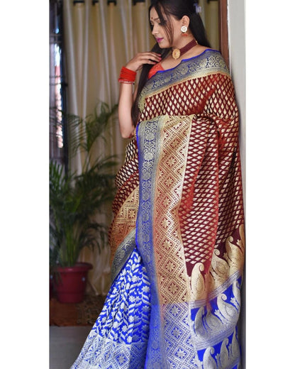 Royal Blue & Maroon Banarasi Silk Saree with Dual Tone Zari Weaving