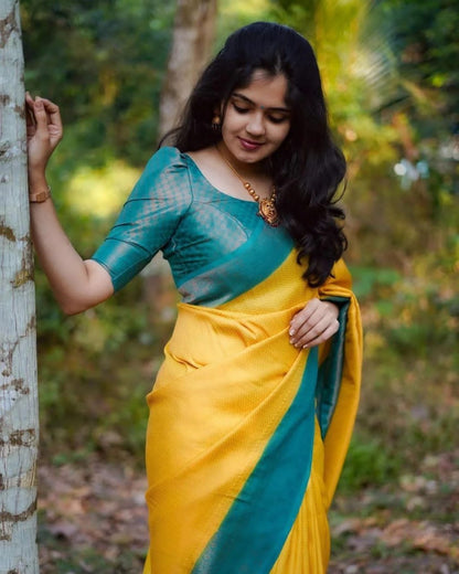 Mustard Yellow & Teal Green Silk Saree with Dual Tone Border