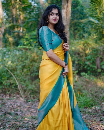 Mustard Yellow & Teal Green Silk Saree with Dual Tone Border