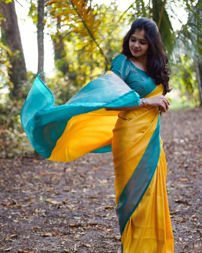 Mustard Yellow & Teal Green Silk Saree with Dual Tone Border