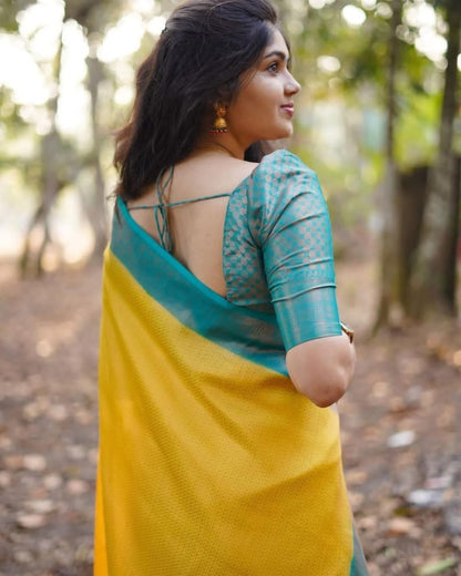 Mustard Yellow & Teal Green Silk Saree with Dual Tone Border