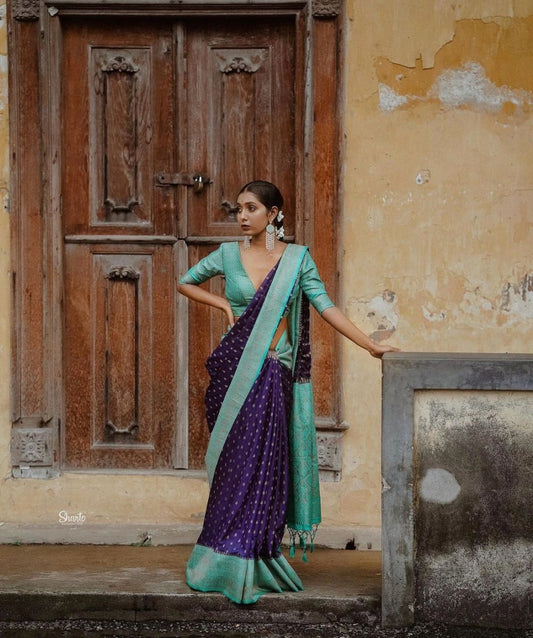 Majestic Violet & Aqua Green Soft Silk Saree with Rich Jacquard Weaving Pallu