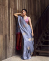 Elegant Grey Silk Saree with Golden Motif & Maroon Pallu Accent