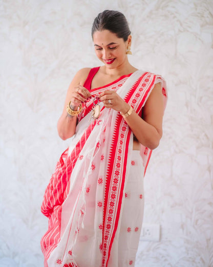 White & Red Handwoven Soft Cotton Saree