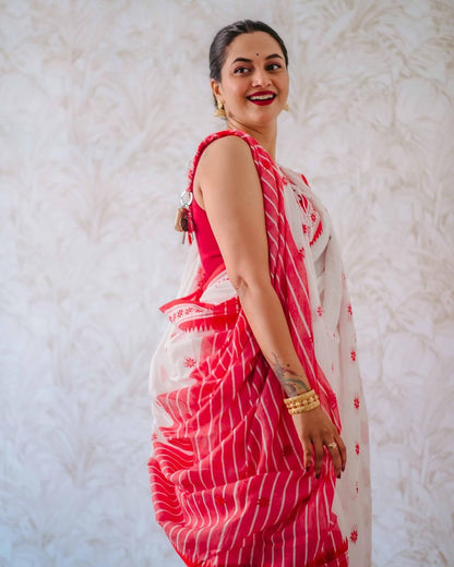 White & Red Handwoven Soft Cotton Saree