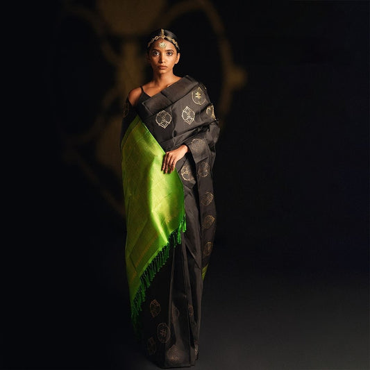 Black & Lime Green Contrast Soft Silk Saree