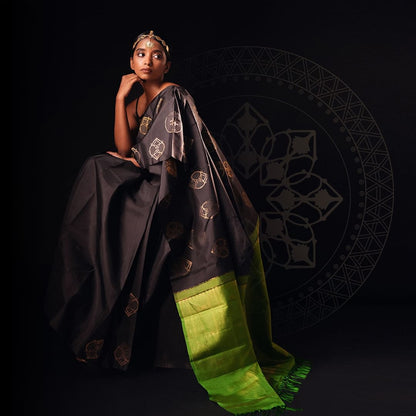 Black & Lime Green Contrast Soft Silk Saree