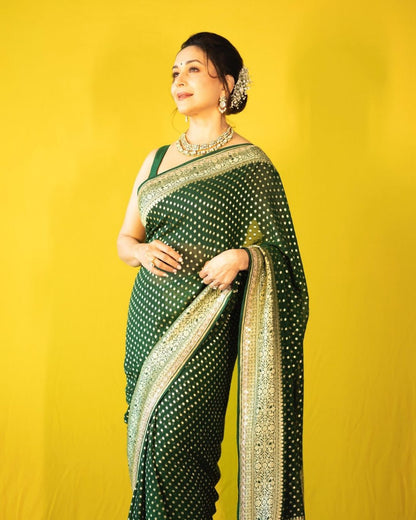 Emerald Green Banarasi Soft Silk Saree with Golden Zari Work