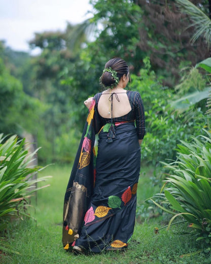 Graceful Dual-Tone Leaf Print Saree Collection – Elegant Black & Serene White