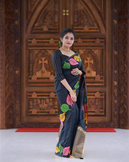 Graceful Dual-Tone Leaf Print Saree Collection – Elegant Black & Serene White