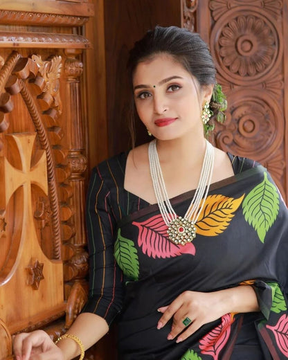 Graceful Dual-Tone Leaf Print Saree Collection – Elegant Black & Serene White