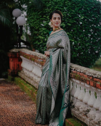 Emerald Green & Silver Banarasi Soft Silk Saree