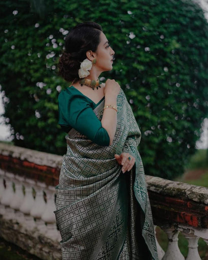 Emerald Green & Silver Banarasi Soft Silk Saree